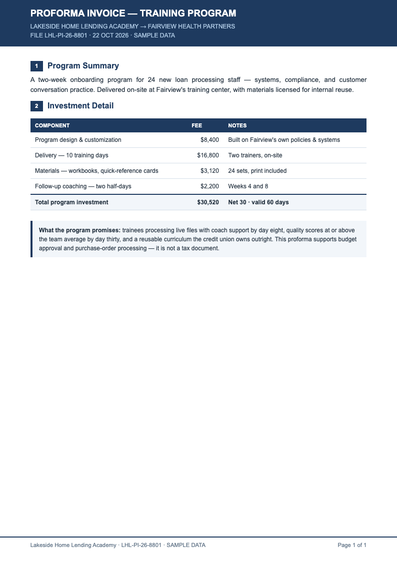 Executive summary proforma invoice